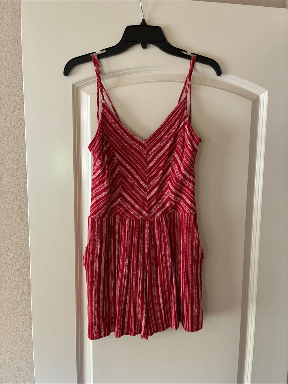 Women’s Red Striped V-Neck Spaghetti Strap Romper